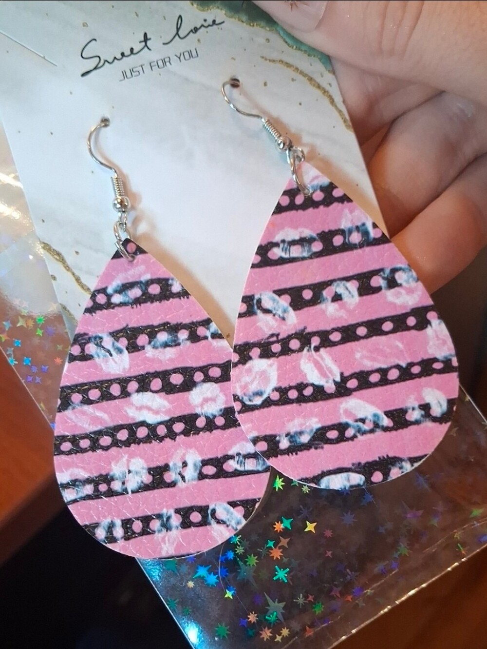 $8 Each Or Bundle 5/$20 Pink Teardrop With Black Stripes And White Lips Earrings
